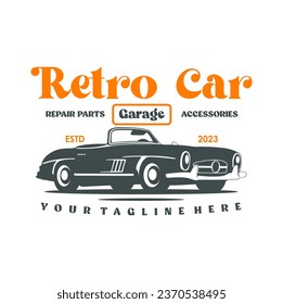 Vintage or retro or classic car logo design  vector illustration. Retro emblem of car repair  restoration and club design element.