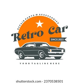 Vintage or retro or classic car logo design  vector illustration. Retro emblem of car repair  restoration and club design element.