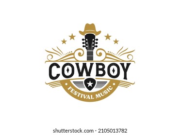 Vintage retro classic guitar with cowboy hat. Western country music emblem logo design template