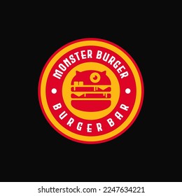 retro vintage clásico monstruo y jamón queso patty hamburguesa con sello etiqueta emblema etiqueta adhesiva etiqueta adhesiva protección de círculo redondeado adecuado para la barra de hamburguesas comida rápida restaurante café bistro diseño logo