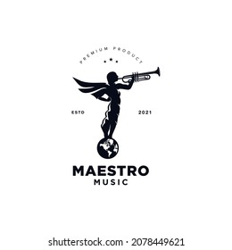 Vintage Retro Classic Music angel with trumpet logo vector design template inspiration idea