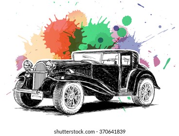 Vintage Retro Classic Old Car with colorful ink spatter Vector Illustration