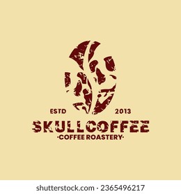 vintage retro classic rustic grunge combination silhouette of coffee bean and twin double duo skull head with label stamp badge emblem suitable for horror coffee shop tea house cafe bar logo design