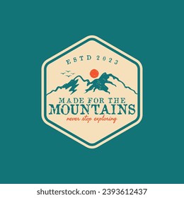 vintage retro classic rustic grunge of sun sunrise sunset island mountain hills peaks rocky ice top mount landscape nature view silhouette with hexagon shield stamp label badge emblem logo design idea