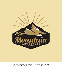 vintage retro classic rustic hipster of sun sunrise sunset island mountain hills peaks rocky ice top mount landscape nature view silhouette with shield label stamp badge emblem patch logo design idea