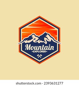 vintage retro classic of sun sunrise sunset island mountain hills peaks rocky ice top mount landscape nature view silhouette with hexagon shield protect label badge emblem patch logo design idea