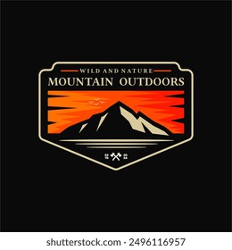 vintage retro classic of sun sunrise sunset island mountain hills peaks rocky ice top mount landscape nature view with pentagon shield emblem stamp label badge isolated on black background logo design