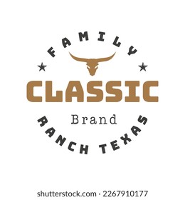 Vintage Retro Classical Texas Longhorn Family Ranch, Western State Bull Cattle. Vintage Label Logo Design Emblem, Vector