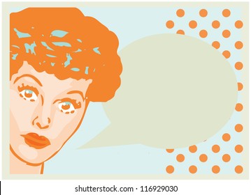Vintage Retro Clip Art Woman Advertisement Pop Art Girl Talking with open eyes card or retro background
