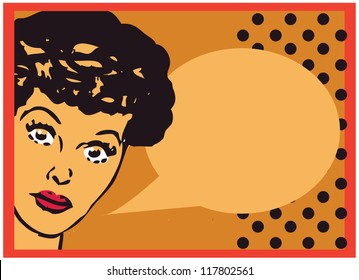 Vintage Retro Clip Art Woman Advertisement Pop Art Girl Talking with open eyes card or retro background