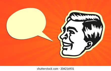 Vintage Retro Clipart : Talking head of man with speech bubble