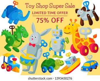 Vintage retro clockwork toy robot baby shop concept vector illustration. Antique key machine robotic childhood plaything mechanism. Robotic cute movement. Sale banner or poster