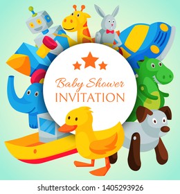 Vintage retro clockwork toy robot baby shower invitation concept vector illustration. Antique key machine robotic childhood plaything mechanism. Robotic cute movement greeting card celebrate