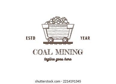 Vintage Retro Coal Mining Cart Wagon Logo Design Vector