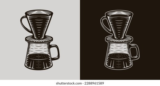 Vintage retro coffee american filtr v 60 kettle. Can be used for logo emblem badge poster print patch, apparel design. Monochrome Graphic Art. Vector Illustration..	