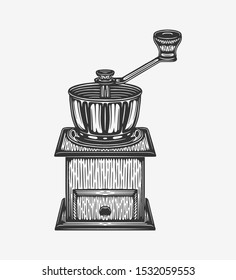 Vintage retro coffee blend grinder. Can be used for logo, emblem or badge. Monochrome Graphic Art. Vector Illustration.