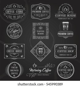 Vintage Retro Coffee Labels and Badges set. Typographic Background With Chalk Word Art On Blackboard. Vector Illustration