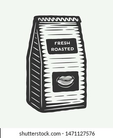 Vintage retro coffee pack. Bag in line woodcut style. Can be used for logo, badge or emblem.  Line woodcut style. Monochrome Graphic Art. Vector Illustration.