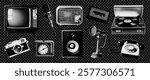 Vintage retro collage halftone elements old radio,  a microphone, old radio, antique telephone, record player, old TV, a film camera, a vintage clock, lanterns. Vector.