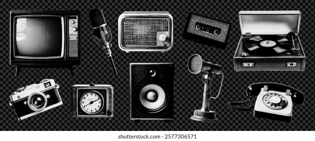 Vintage retro collage halftone elements old radio,  a microphone, old radio, antique telephone, record player, old TV, a film camera, a vintage clock, lanterns. Vector.