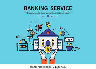 Vintage retro color style flat line vector editable graphic illustration, banking service