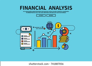Vintage retro color style flat line vector editable graphic illustration, financial analysis