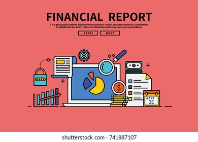Vintage retro color style flat line vector editable graphic illustration, financial report