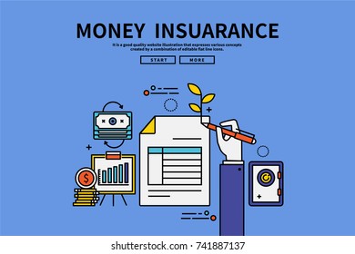 Vintage retro color style flat line vector editable graphic illustration, money Insurance