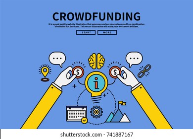 Vintage retro color style flat line vector editable graphic illustration, crowdfunding