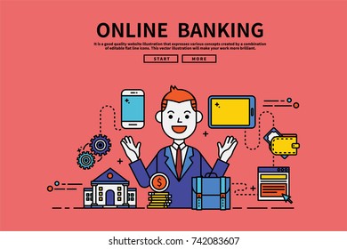 Vintage retro color style flat line vector editable graphic illustration, online banking