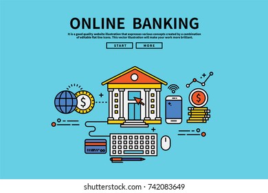 Vintage retro color style flat line vector editable graphic illustration, online banking