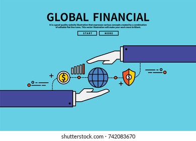 Vintage retro color style flat line vector editable graphic illustration,  global finance