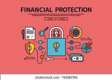 Vintage retro color style flat line vector editable graphic illustration, financial protection