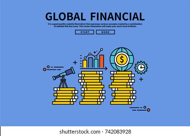 Vintage retro color style flat line vector editable graphic illustration,  Global financial