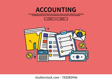 Vintage retro color style flat line vector editable graphic illustration, accounting