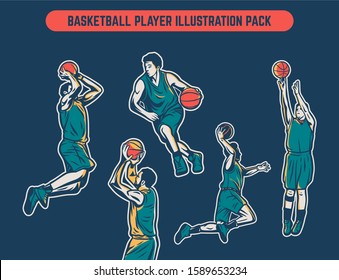 Vintage retro colored illustration pack of basketball player