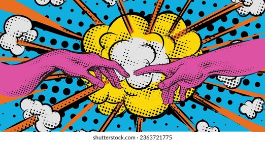 VIntage retro comics boom explosion crash with touch hands of adam by michelangelo. vector illustration