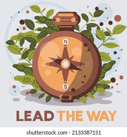 Vintage retro compass, leaves and round lines background. retro style, artistic style