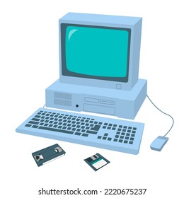 Vintage retro computer monitorwith a floppy disk and videotape lying nearby . Y2K concept . Vector illustration