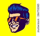 Vintage retro cool dude man face head wearing aviator sunglasses rockabilly pompadour haircut vector