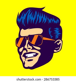 Vintage retro cool dude man face head wearing aviator sunglasses rockabilly pompadour haircut vector