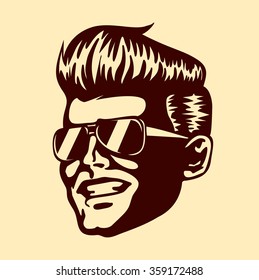 Vintage retro cool dude man face sunglasses rockabilly pompadour haircut vector isolated on white background