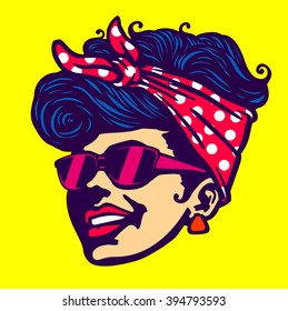 Vintage Retro Cool Girl Face Head Wearing Sunglasses Rockabilly Hairstyle Vector