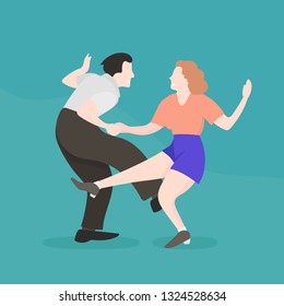 Vintage Retro Couple Dancing Mid-Century Rockabilly Boogie Woogie Swing Stile. Man and Woman. Flat Vector Character Cartoon Happy Rock’n’Roll Dance. 