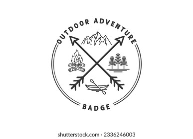 Vintage Retro Crossed Arrowhead with Mountain Bonfire Boat and Forest for Hunting Outdoor Adventure Badge Emblem