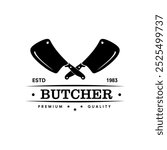 Vintage Retro Crossed cleavers for Butcher shop label logo Design