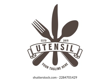 Vintage Retro Crossed Spoon Fork and Knife for Kitchen Cook Eatery Restaurant or Food Catering Logo Design