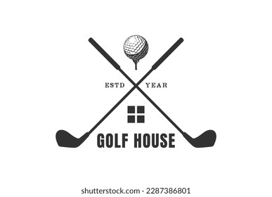 Vintage Retro Crossed Stick Golf Ball Tee with House for Training Course Sport Club Logo Design