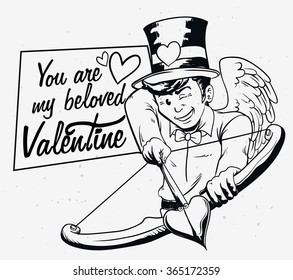 Vintage retro Cupid with hat in old style card with greeting message for Valentine's Day.
