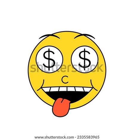 Vintage retro cute emoticon hypnotized with money. Vector smiley emoji yellow icon for all money and wealth concepts